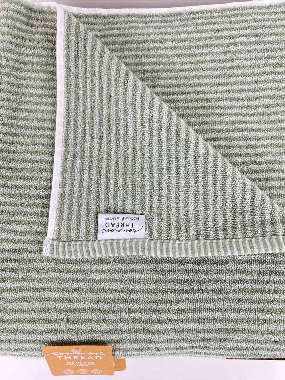 Common Thread 2 Pc Bamboo Bath Towels Green Striped Zero Twist Soft Cotton NEW